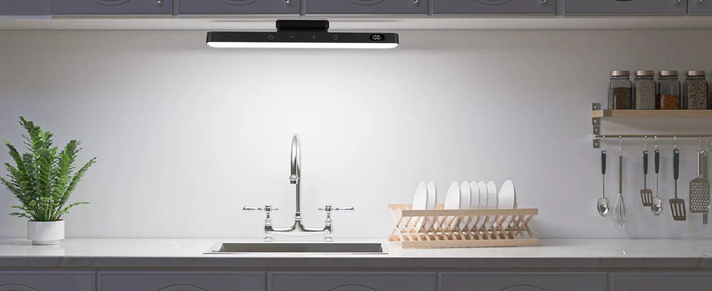 WILLED 5W under-cabinet black light bar with dimmable controls mounted under kitchen cabinets