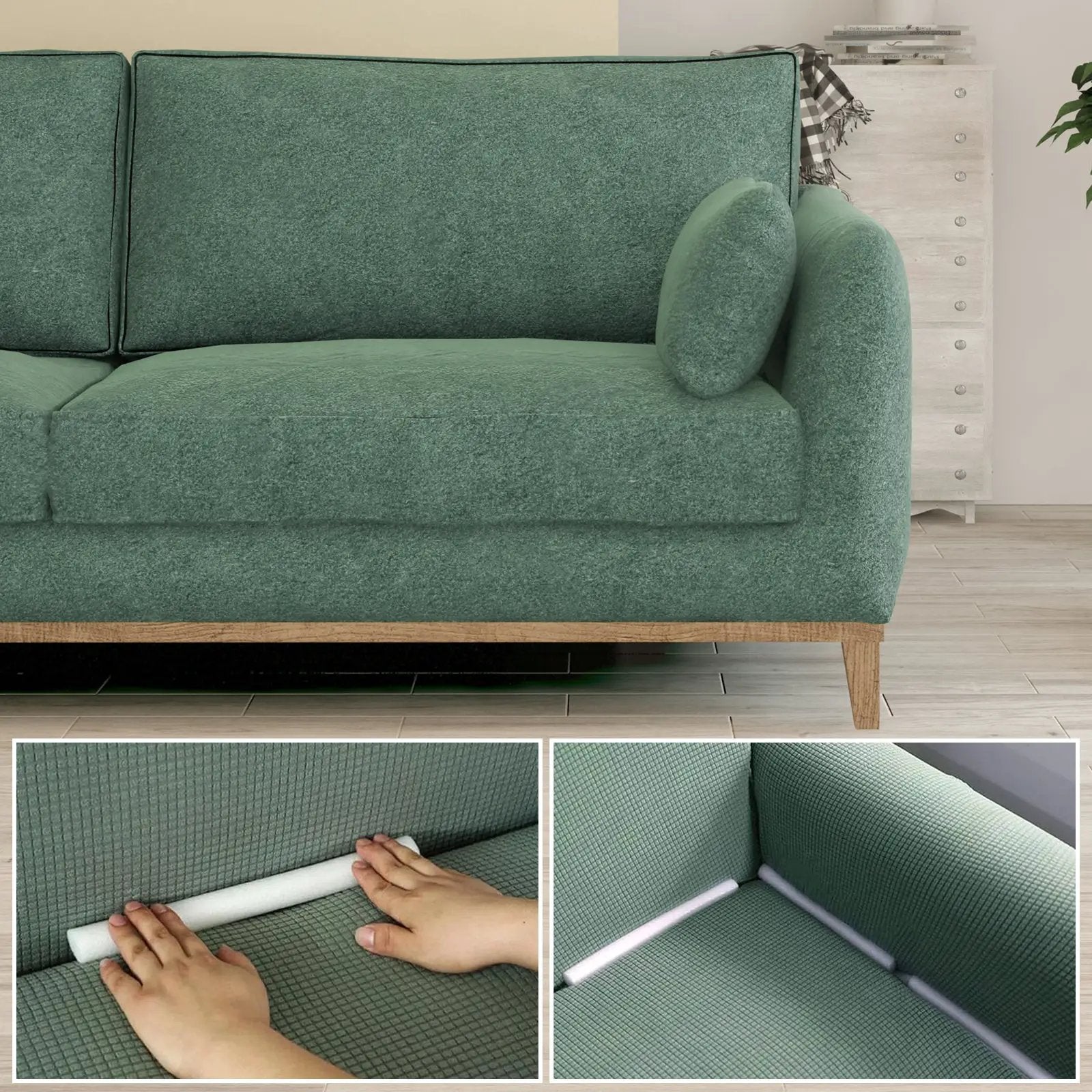 Simples Market 14-piece anti-slip sofa foam strips for gap filling on green fabric couch