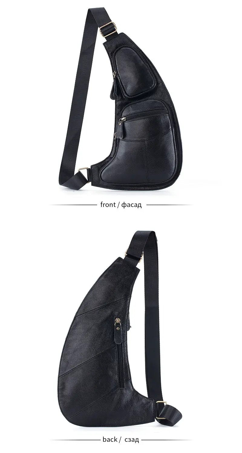 Men's genuine leather crossbody sling bag in black with multiple zip pockets and adjustable strap