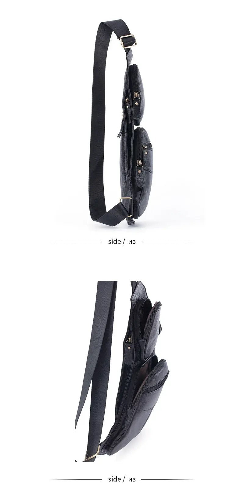 Men's black genuine leather crossbody sling bag with multiple zip pockets and adjustable strap.