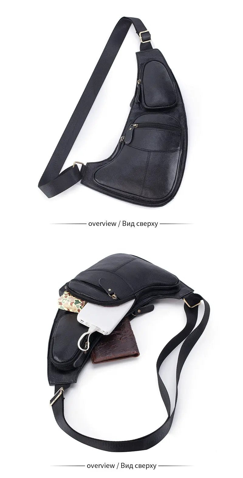 Simples Market men's black genuine leather crossbody sling bag with multiple zip pockets
