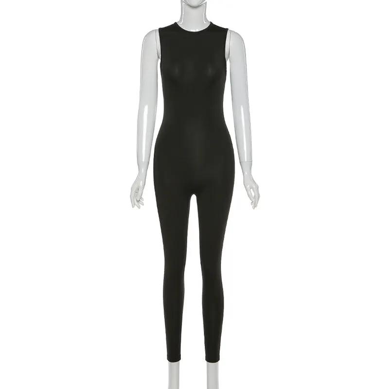 Pencil jumpsuit, women's black sleeveless one-piece by Simples Market for fitness and casual wear