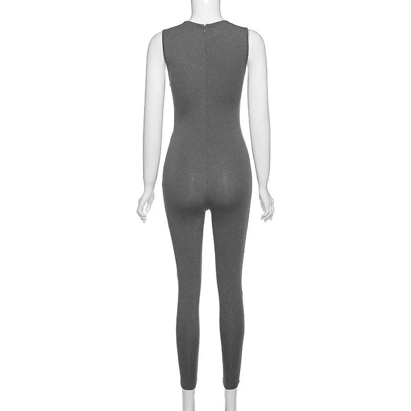 Simples Market women’s pencil jumpsuit, sleeveless gray back view activewear playsuit