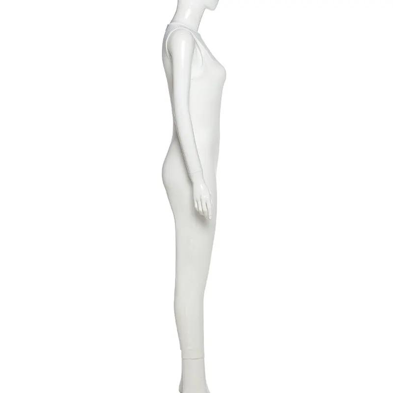Women's white sleeveless pencil jumpsuit, slim-fit activewear one-piece