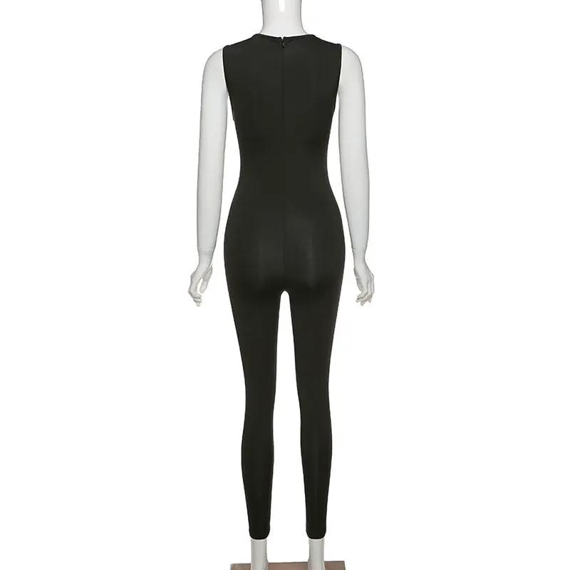 Simples Market women's black sleeveless pencil jumpsuit, slim-fit all-in-one activewear.