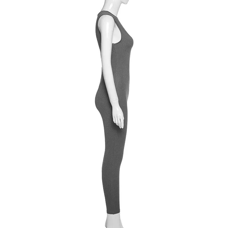 Grey sleeveless pencil jumpsuit for women, full-length casual activewear on mannequin