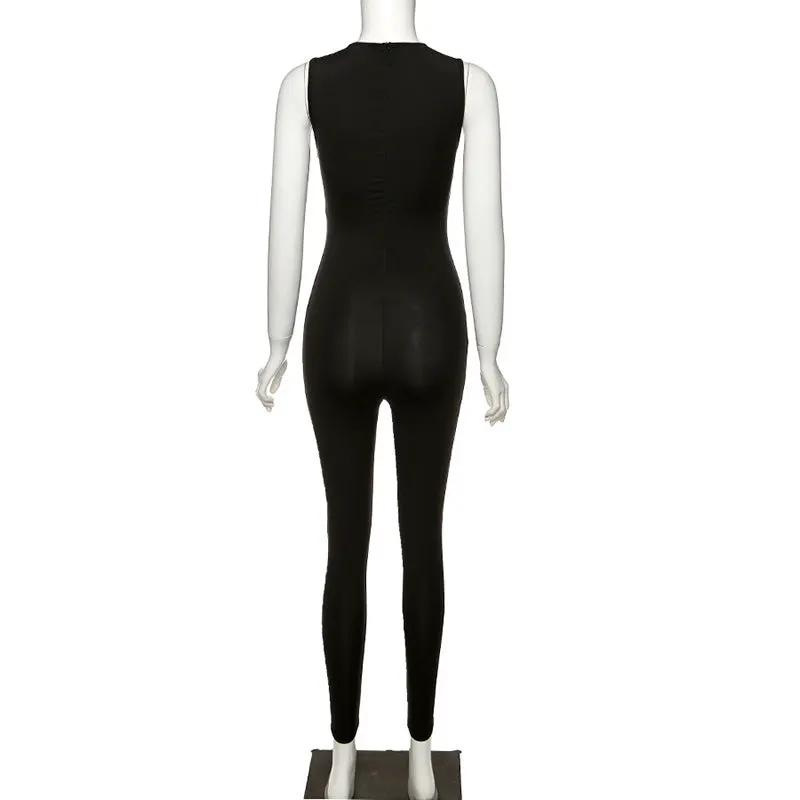 Black sleeveless pencil jumpsuit for women full-length slim-fit activewear style back view on mannequin