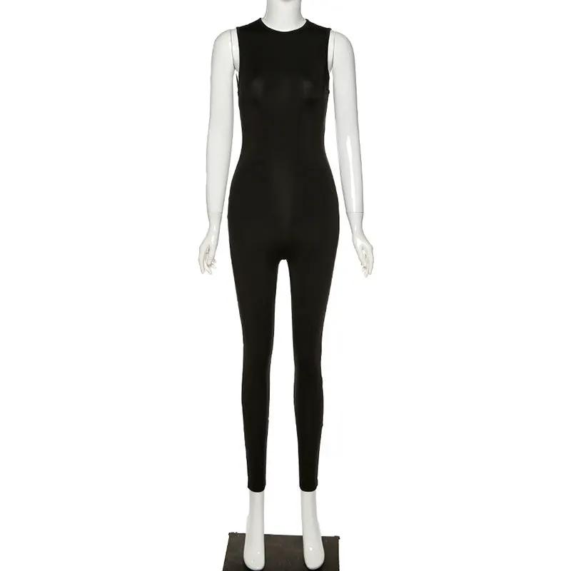 Women's black sleeveless jumpsuit, full-length slim activewear for casual fitness.