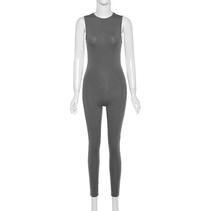Women’s pencil jumpsuit, sleeveless gray one-piece activewear for casual fitness