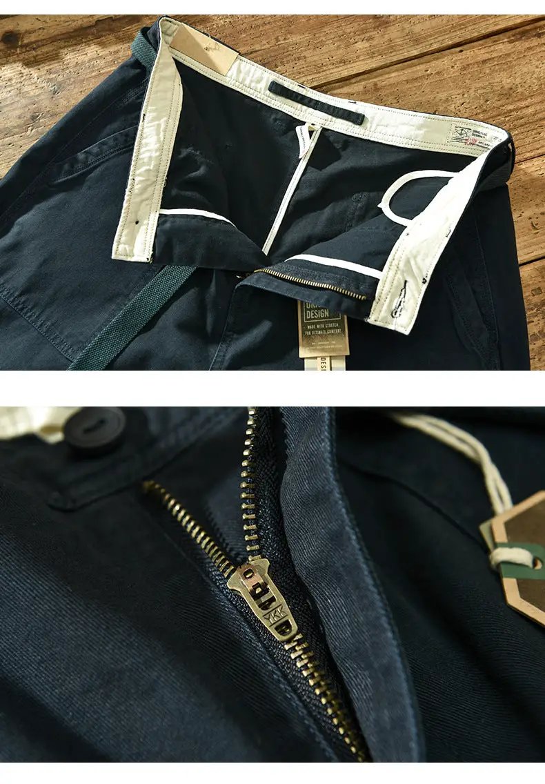 Simples Market men's pure cotton cargo pants, dark navy, mid waist with belt and brass zipper