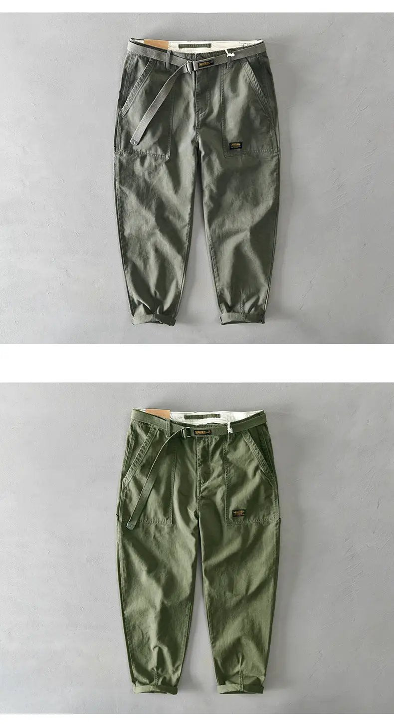 Men's cargo pants by Simples Market, olive green pure cotton, belt included, two pairs shown.