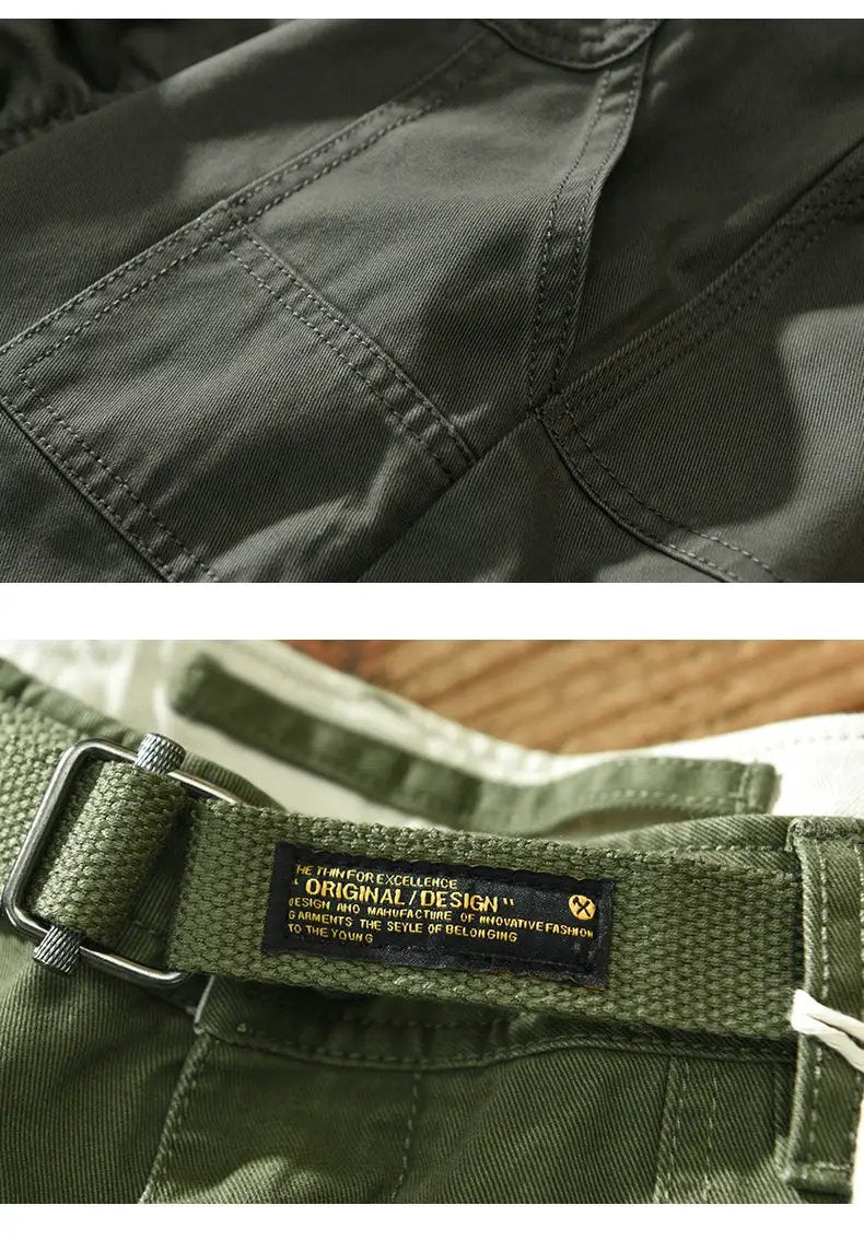 Men's cargo pants by Simples Market, olive green cotton joggers with belt, mid-rise, cargo pockets