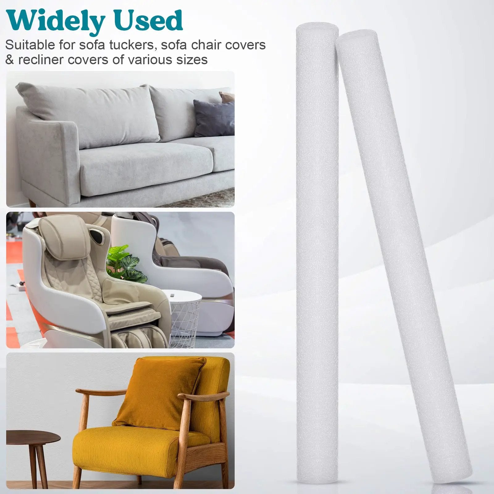 14pc anti-slip sofa foam strips for gaps; gray foam rolls shown with a sofa and chairs