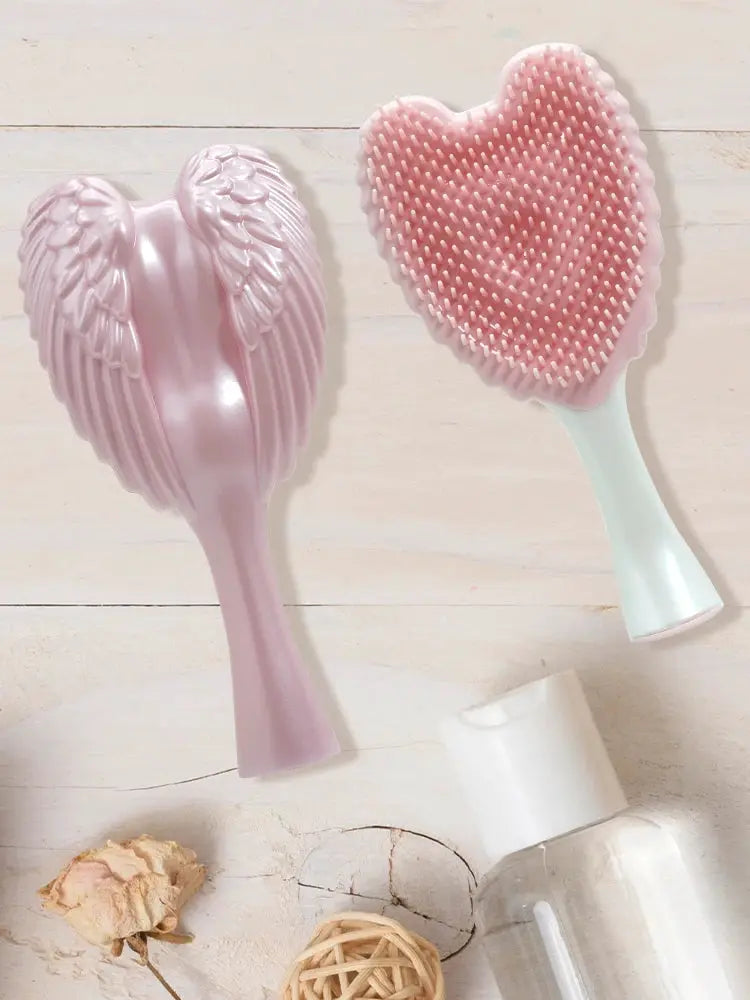 Pink hairbrush set: mini angel detangling brush and heart-shaped detangler, anti-static plastic