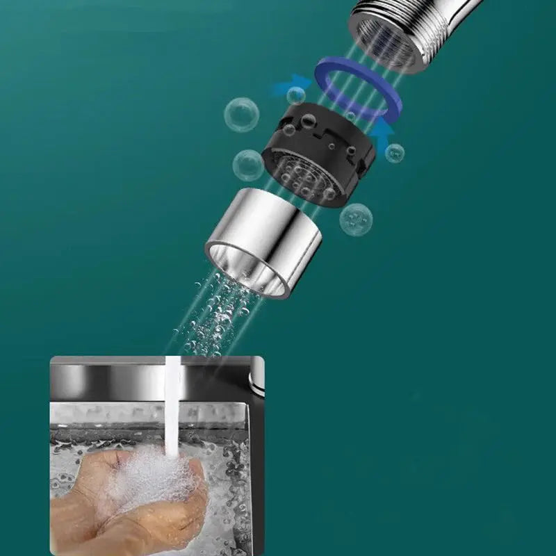 Kitchen faucet with chrome spray head for hot and cold water, shown disassembled with water spray over a sink