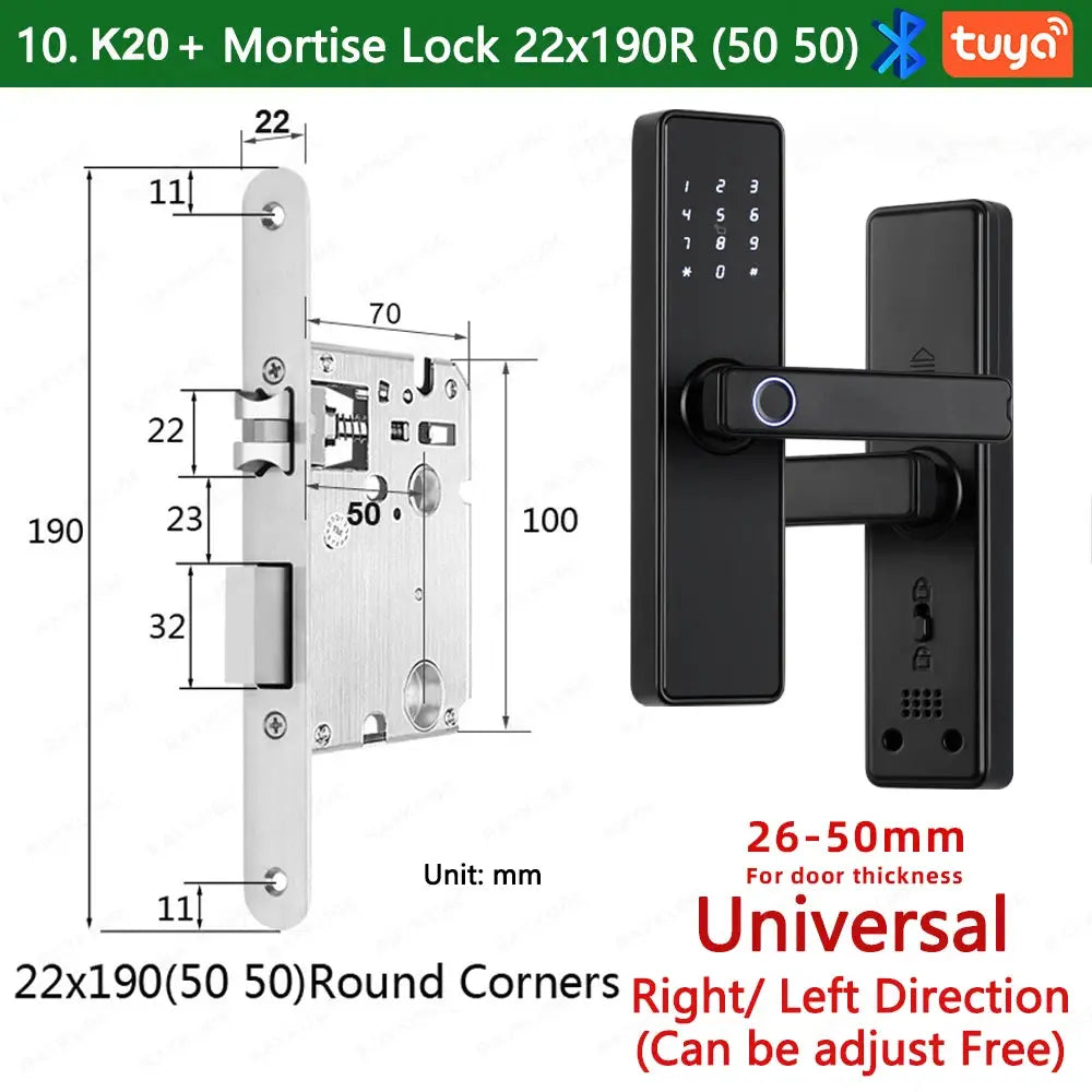 RAYKUBE K20 biometric door lock, black; Tuya app, fingerprint, IC card, password and key unlock; 26-50mm, two locks.