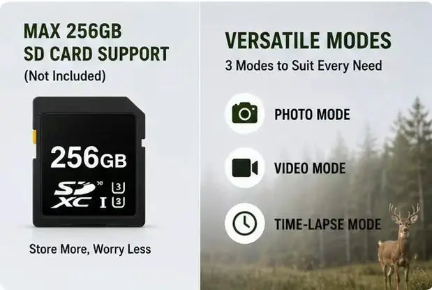 Simples Market Solar Wildlife 50MP trail camera with night vision; 256GB SD support shown, photo/video/time-lapse modes