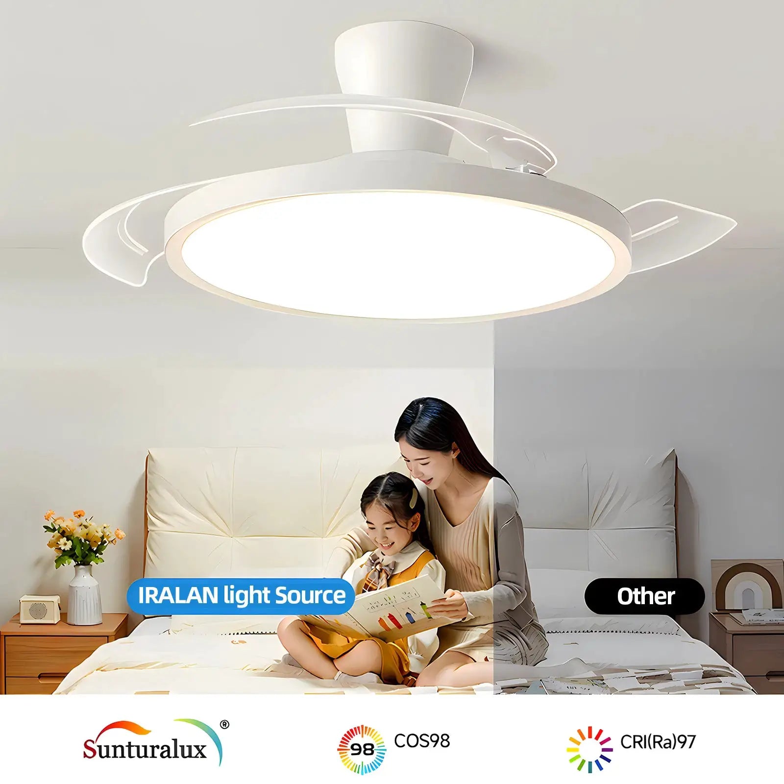 IRALAN Invisible Ceiling Fan with LED Light, white finish, DC motor, remote control