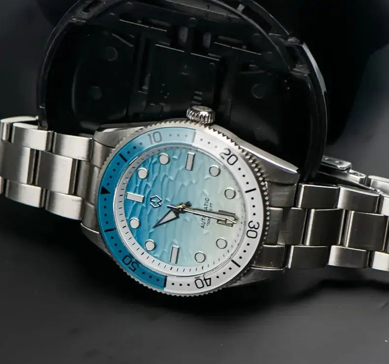 WISHDOIT men's automatic dive watch with ocean blue ripple dial, sapphire glass, stainless steel bracelet