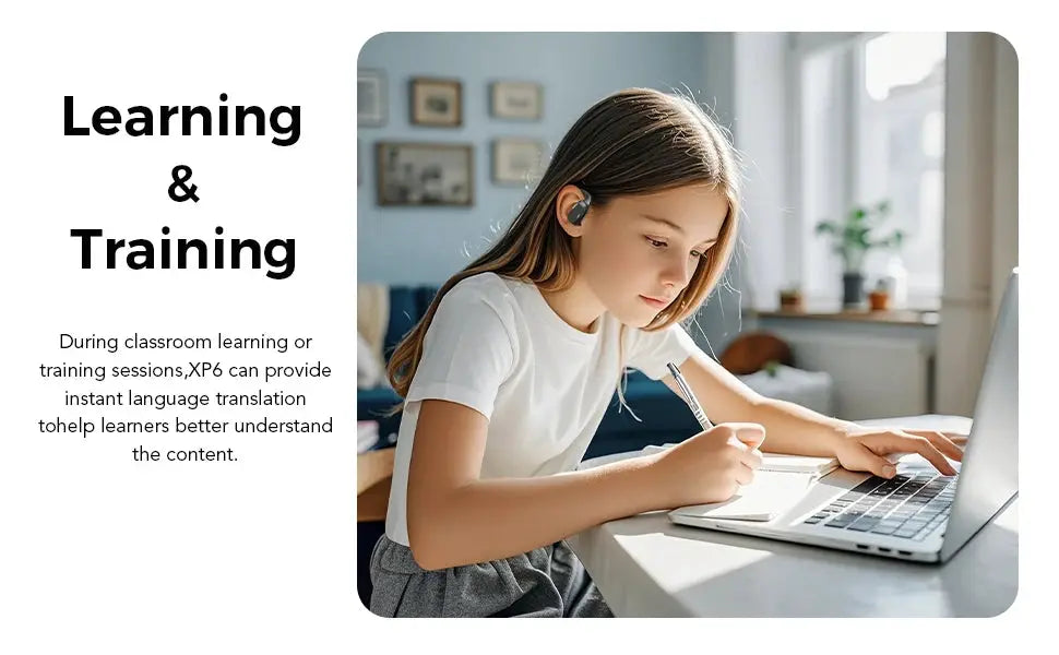 AI Translator Earbuds Erazer XP6 wireless earbuds used by a student at a laptop during learning sessions
