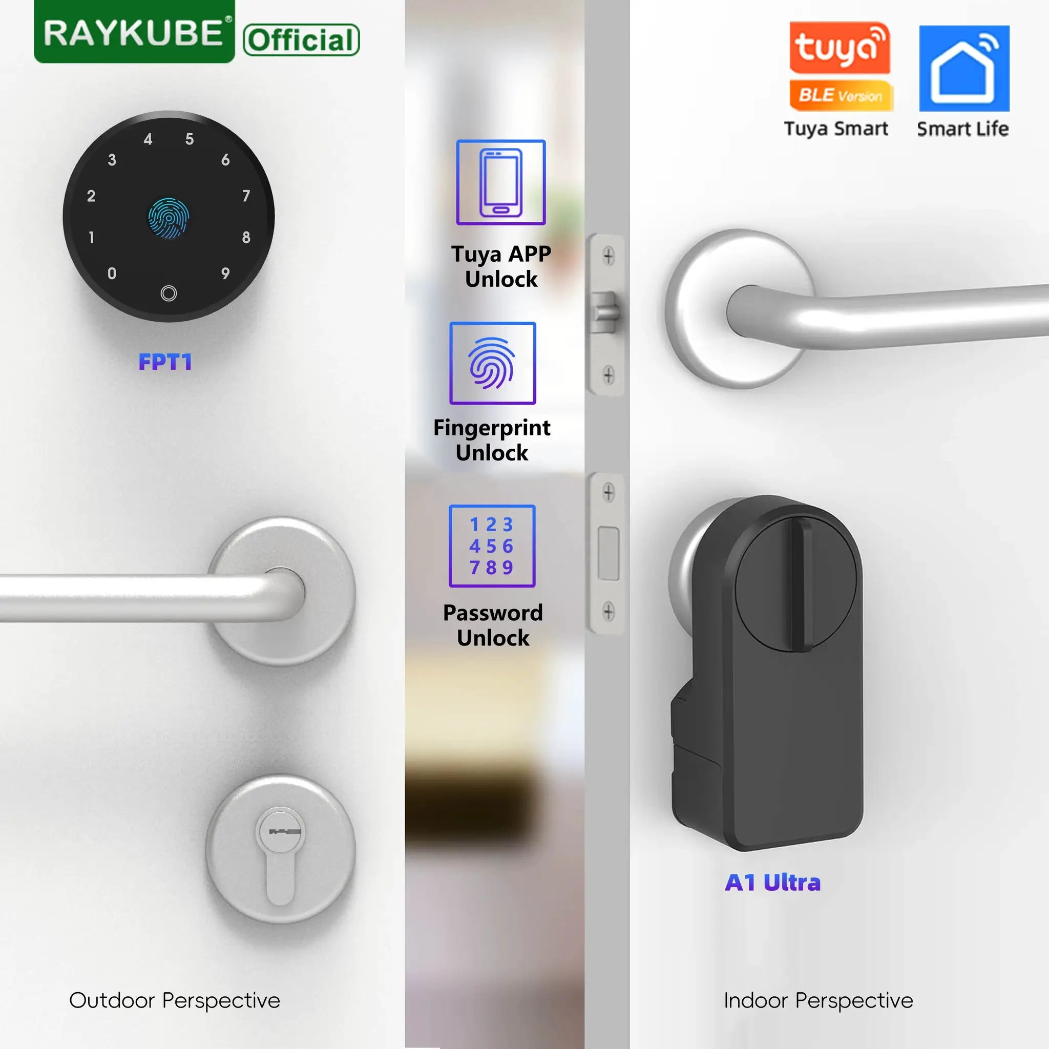 RAYKUBE A1 Ultra electronic door lock with fingerprint keypad and Tuya BLE compatibility; Simples Market