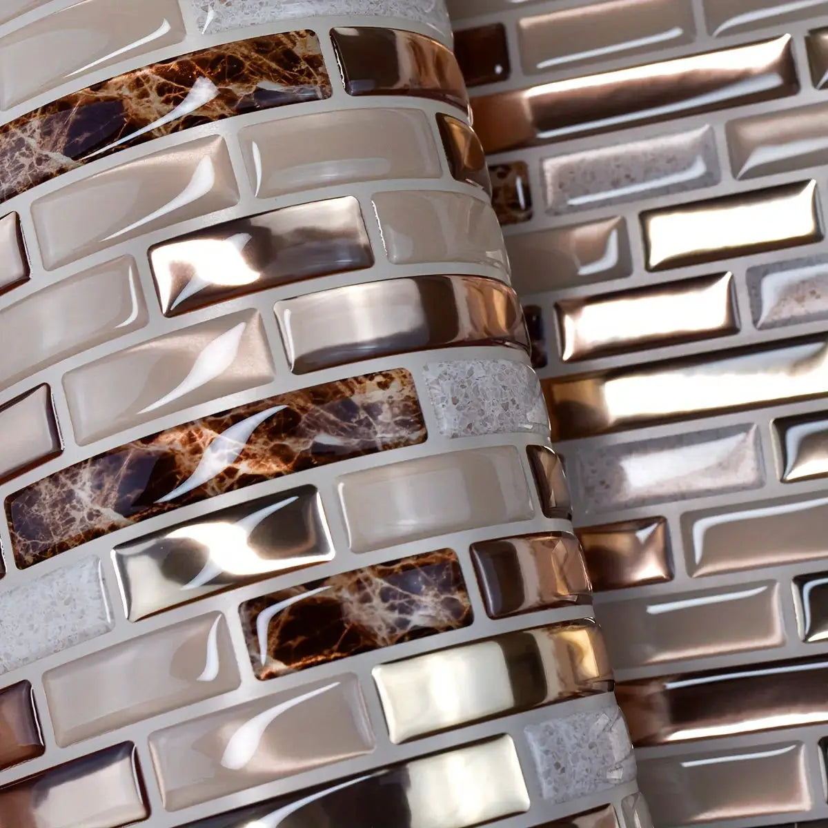 Simples Market gold mosaic self-adhesive wall tile sheets with bronze metallic rectangles and marble accents