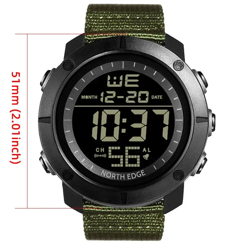 North Edge men's digital watch with olive green strap, black case, waterproof 50M, world time display.