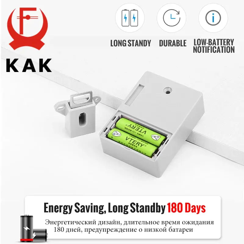 KAK electronic RFID locker lock with gray plastic housing and two AA batteries