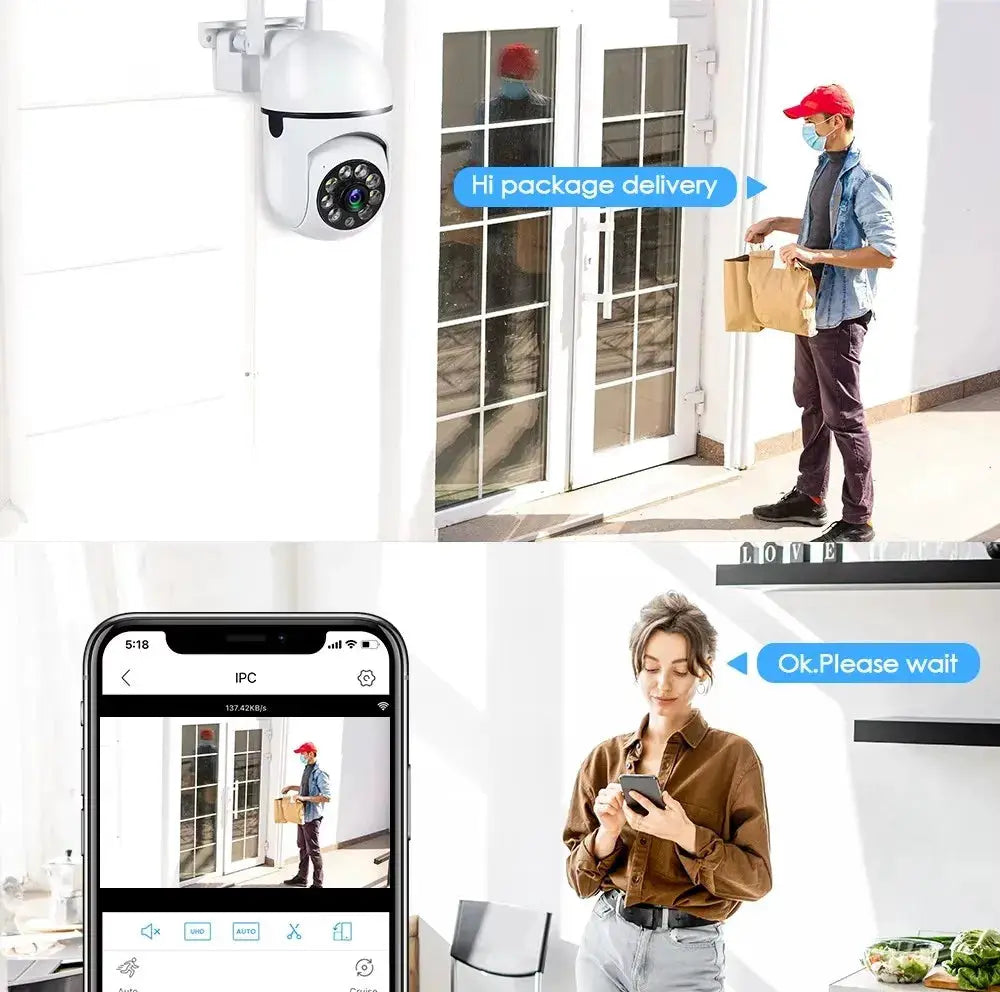 Simples Market WiFi 1080P HD 360° indoor/outdoor security camera; white dome mounted outside, smartphone IPC view