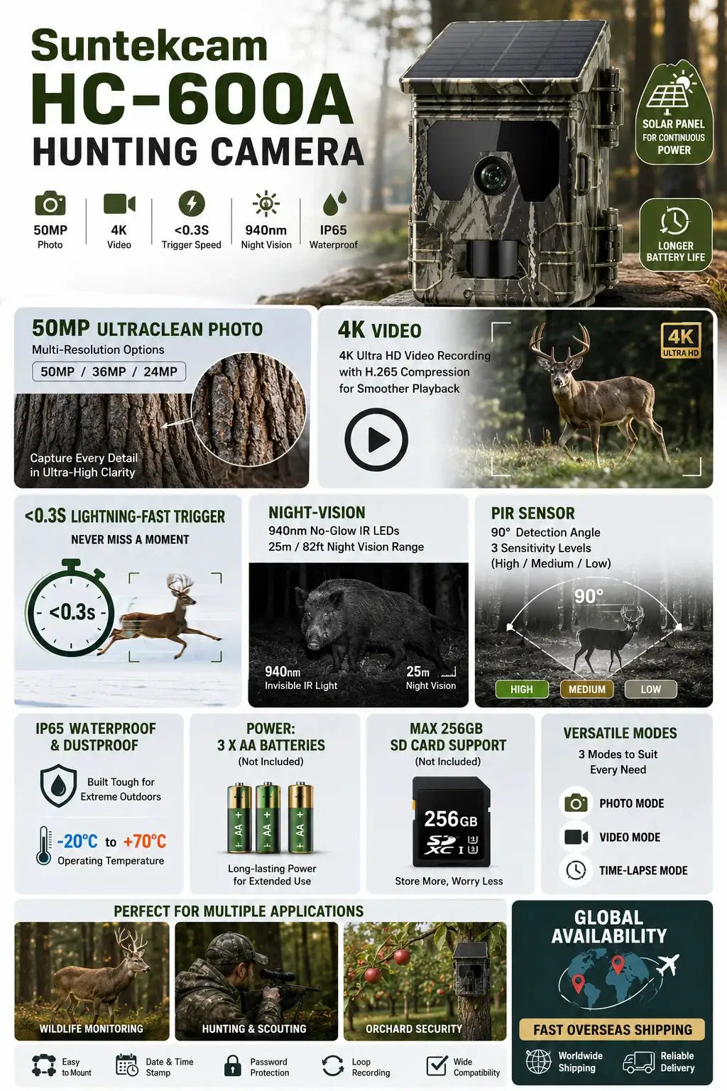 Suntekcam HC-600A hunting camera with solar panel, camouflage finish, 50MP stills and 4K video