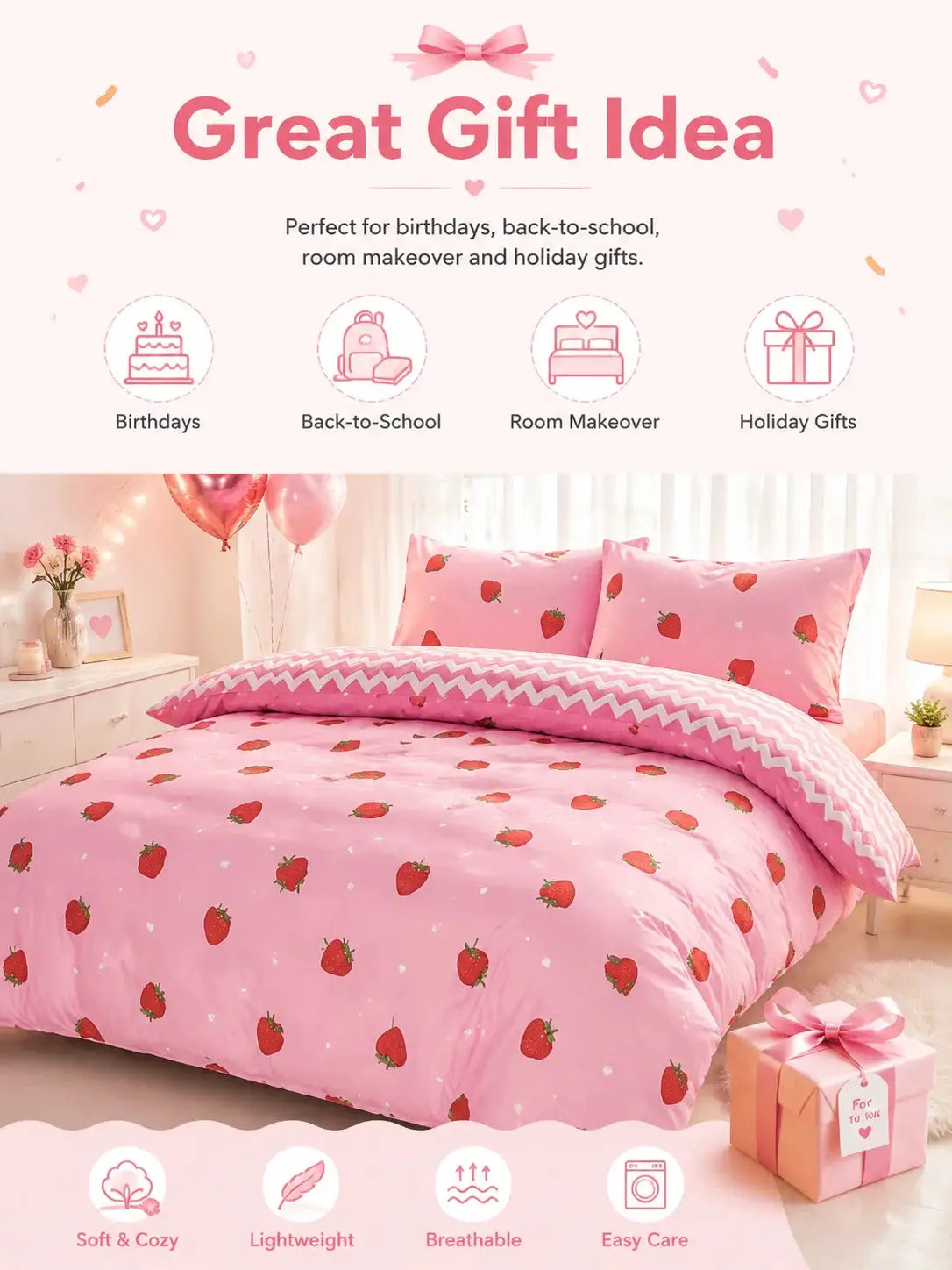 Pink strawberry-pattern duvet cover set from Simples Market with pillowcases; soft bedding for girls and teens.