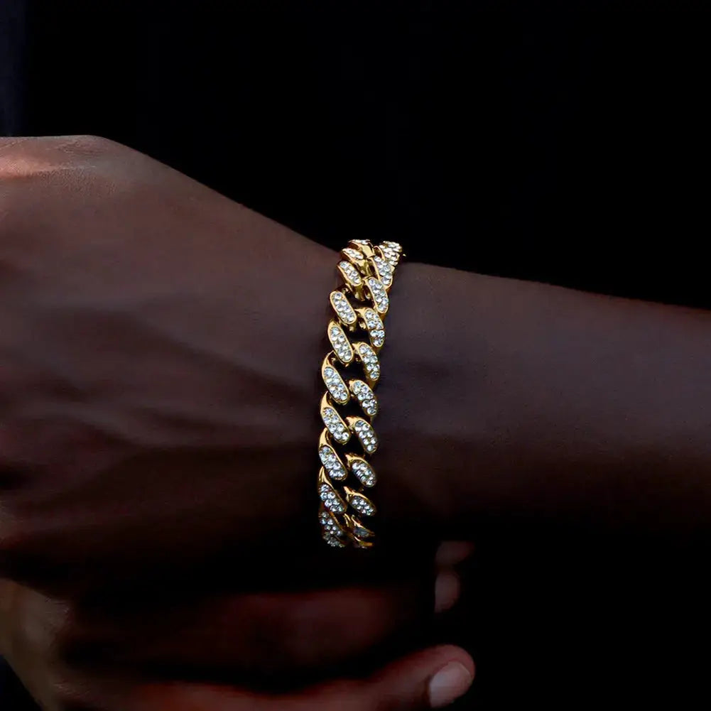 Hip Hop Cuban Link Bracelet for Men and Women Iced Out Rhinestone Gold Silver Color Miami Chain Unisex Jewelry Gift