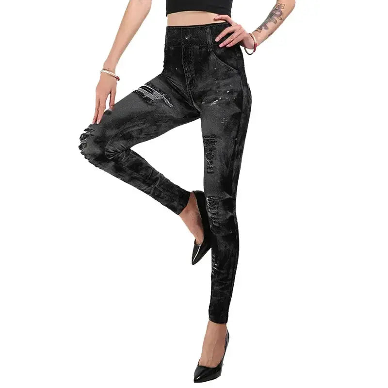 VivaFlex Women Imitation Jeans Stretch Leggings High Waist Slim Push Up Fit All Day Comfort
