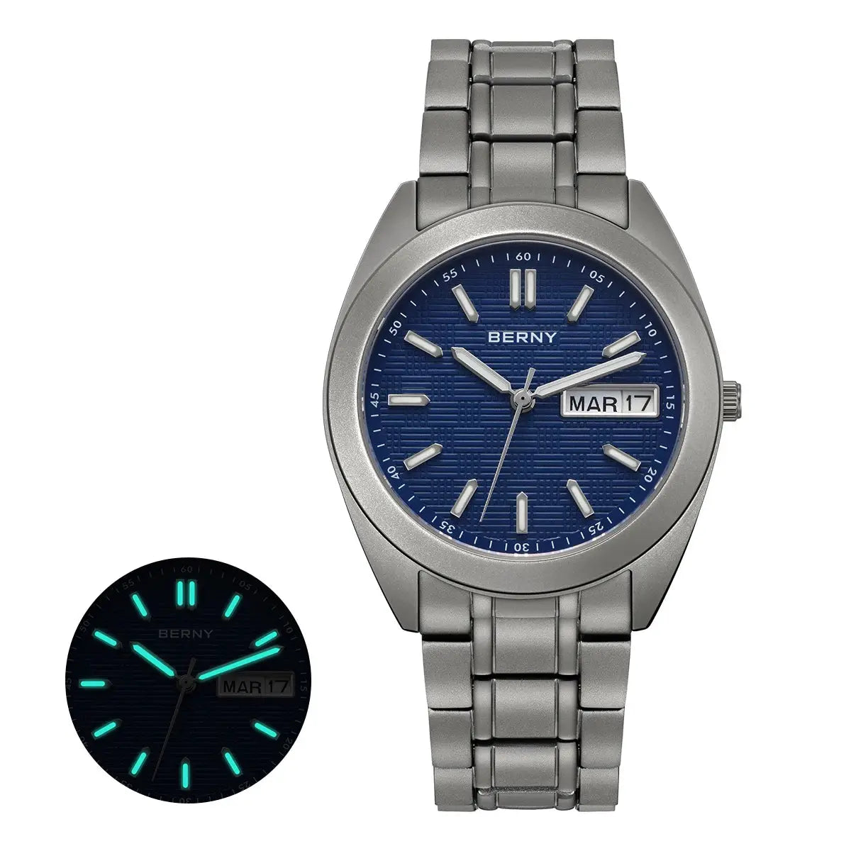 BERNY men's titanium watch with blue textured dial, 38mm case, titanium bracelet, day/date, sapphire crystal
