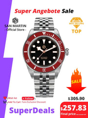 San Martin 40mm BB Diver Watch with red bezel, black dial, stainless steel bracelet, automatic NH35