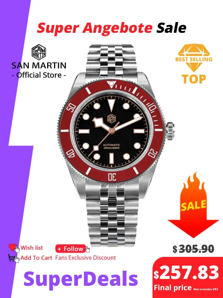 San Martin 40mm BB Diver Watch with red bezel, black dial, stainless steel bracelet, automatic NH35