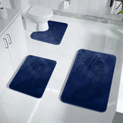 3-piece blue memory-foam bathroom mat set with leaf pattern