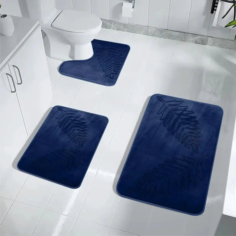 3-piece blue memory-foam bathroom mat set with leaf pattern