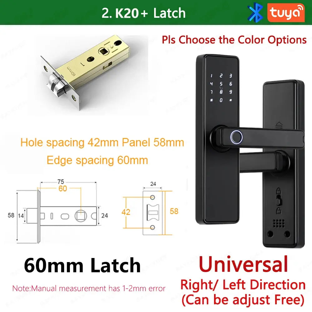 RAYKUBE K20 biometric smart door lock, black; Tuya app compatible, universal right/left orientation, 60mm latch