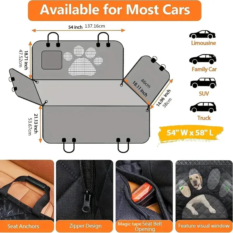 Simples Market universal car rear-seat pet cover with visual mesh window and side zipper (54W x 58L)