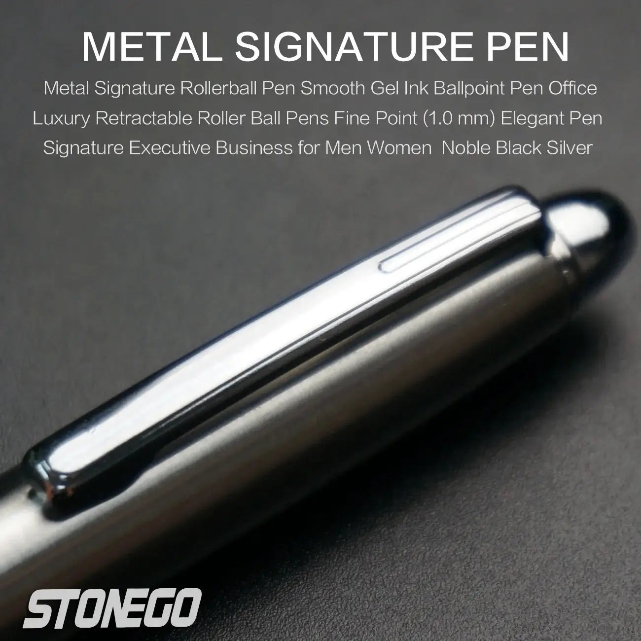 Metal signature ballpoint pen with chrome barrel and black body; retractable, Stonego watermark