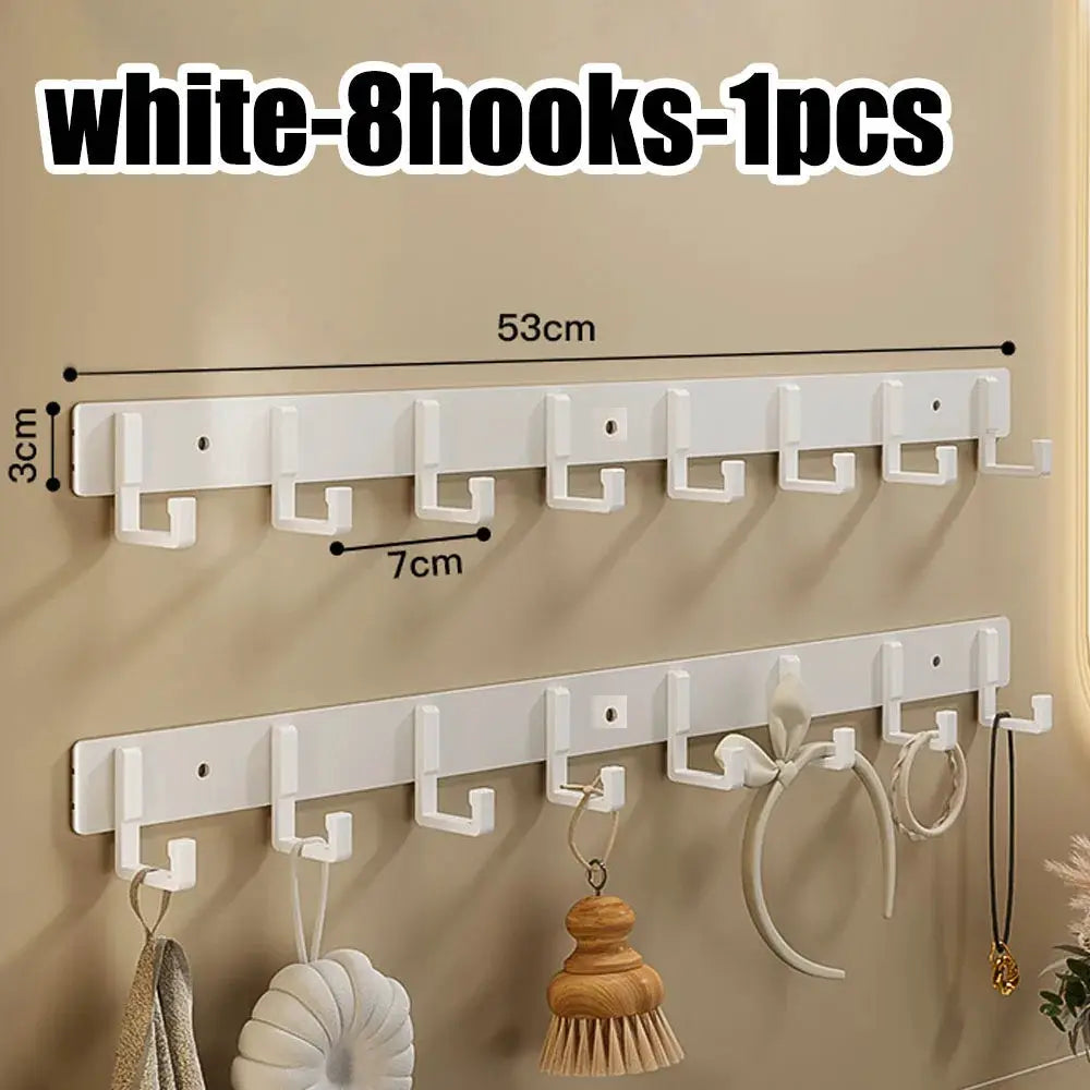 Simples Market white punch-free wall hook rack with 8 hooks; two bars shown for kitchen and bathroom storage