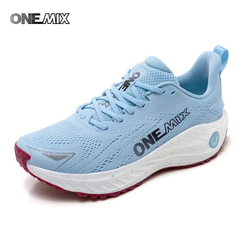One Mix running shoe, light blue mesh upper, white midsole with pink outsole, lace-up lightweight cushion sneaker