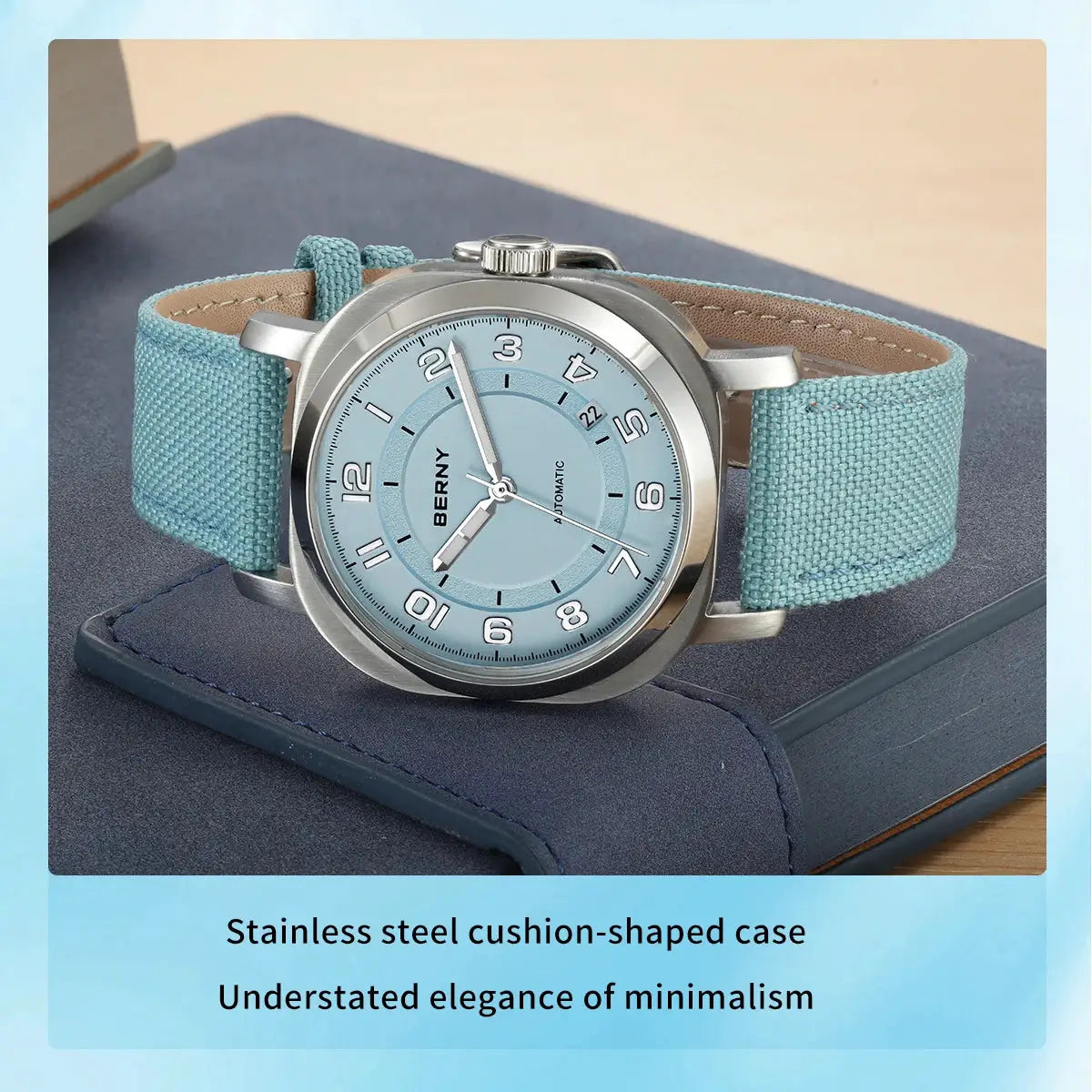 BERNY women's mechanical watch with light blue dial, date window, stainless steel cushion-case and teal fabric strap