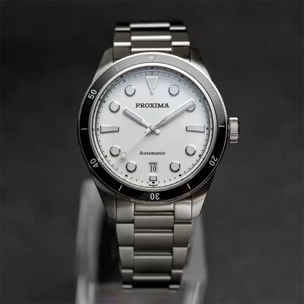 Proxima PX1697 39mm men’s automatic watch with white enamel dial and stainless steel bracelet