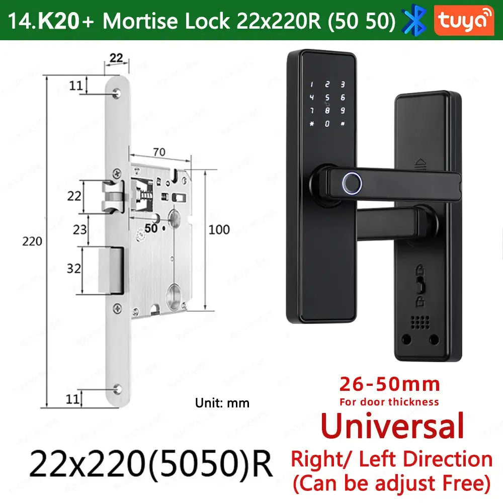 RAYKUBE K20 biometric fingerprint lock with keypad and Tuya app, black finish; universal 26–50mm, reversible