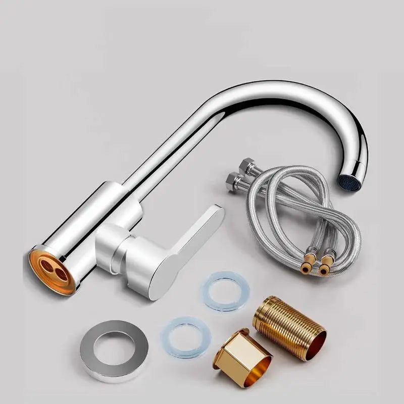 Chrome high-arc kitchen faucet with pull-down spray, single-handle design and mounting hardware.