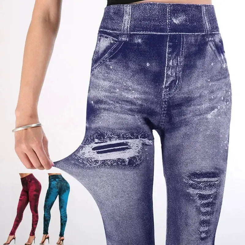 VivaFlex Women Imitation Jeans Stretch Leggings High Waist Slim Push Up Fit All Day Comfort