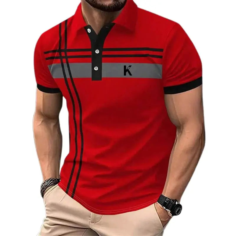 Men's short-sleeve polo shirt in red with black stripe details and gray chest band, Simples Market