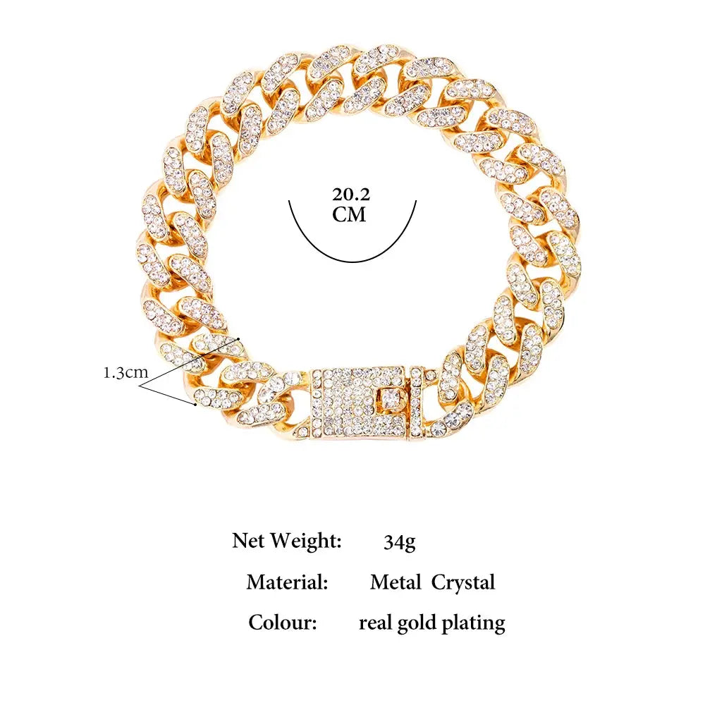 Hip Hop Cuban Link Bracelet for Men and Women Iced Out Rhinestone Gold Silver Color Miami Chain Unisex Jewelry Gift